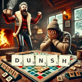 Creative illustration for a Scrabble game with the word DUNSH spelled out in tiles on the board.