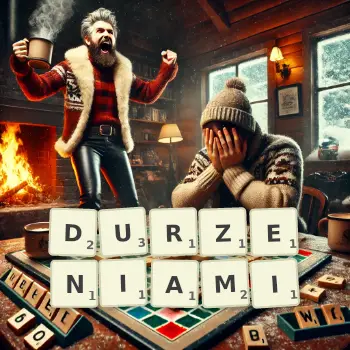 Creative illustration for a Scrabble game with the word DURZENIAMI spelled out in tiles on the board.