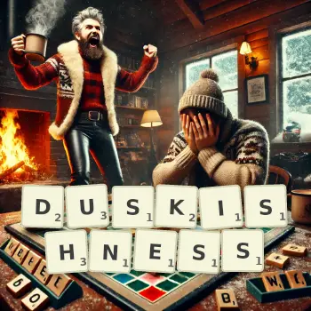 Creative illustration for a Scrabble game with the word DUSKISHNESS spelled out in tiles on the board.