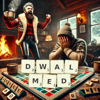 Creative illustration for a Scrabble game with the word DWALMED spelled out in tiles on the board.