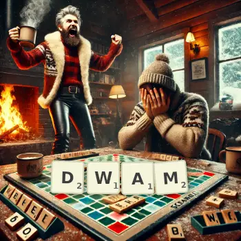 Creative illustration for a Scrabble game with the word DWAM spelled out in tiles on the board.