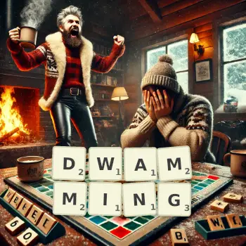 Creative illustration for a Scrabble game with the word DWAMMING spelled out in tiles on the board.