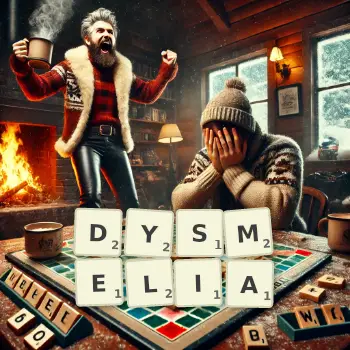 Creative illustration for a Scrabble game with the word DYSMELIA spelled out in tiles on the board.