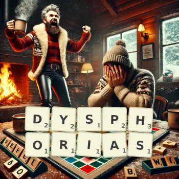 Creative illustration for a Scrabble game with the word DYSPHORIAS spelled out in tiles on the board.