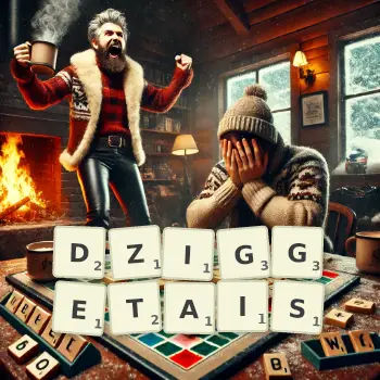 Creative illustration for a Scrabble game with the word DZIGGETAIS spelled out in tiles on the board.