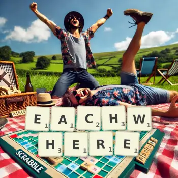 Creative illustration for a Scrabble game with the word EACHWHERE spelled out in tiles on the board.