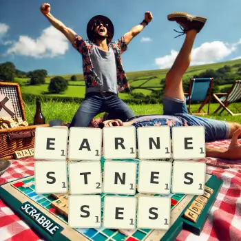 Creative illustration for a Scrabble game with the word EARNESTNESSES spelled out in tiles on the board.
