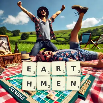 Creative illustration for a Scrabble game with the word EARTHMEN spelled out in tiles on the board.