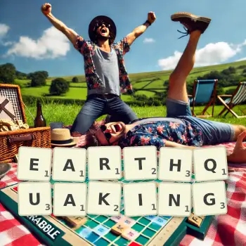 Creative illustration for a Scrabble game with the word EARTHQUAKING spelled out in tiles on the board.