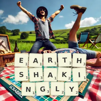 Creative illustration for a Scrabble game with the word EARTHSHAKINGLY spelled out in tiles on the board.