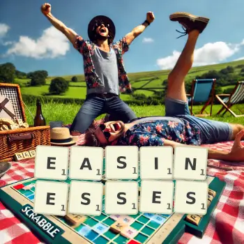 Creative illustration for a Scrabble game with the word EASINESSES spelled out in tiles on the board.