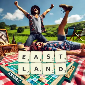 Creative illustration for a Scrabble game with the word EASTLAND spelled out in tiles on the board.