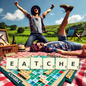 Creative illustration for a Scrabble game with the word EATCHE spelled out in tiles on the board.