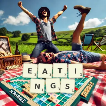 Creative illustration for a Scrabble game with the word EATINGS spelled out in tiles on the board.