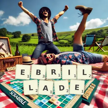 Creative illustration for a Scrabble game with the word EBRILLADE spelled out in tiles on the board.