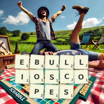 Creative illustration for a Scrabble game with the word EBULLIOSCOPES spelled out in tiles on the board.