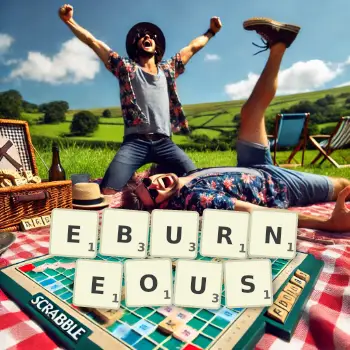 Creative illustration for a Scrabble game with the word EBURNEOUS spelled out in tiles on the board.