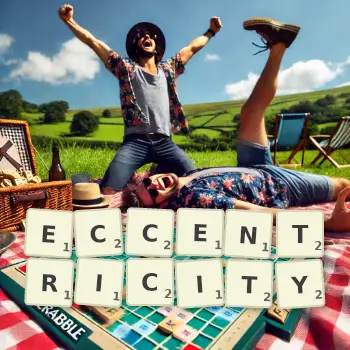Creative illustration for a Scrabble game with the word ECCENTRICITY spelled out in tiles on the board.
