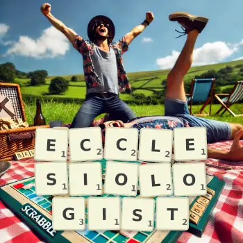Creative illustration for a Scrabble game with the word ECCLESIOLOGIST spelled out in tiles on the board.