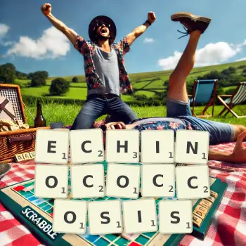 Creative illustration for a Scrabble game with the word ECHINOCOCCOSIS spelled out in tiles on the board.