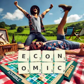 Creative illustration for a Scrabble game with the word ECONOMIC spelled out in tiles on the board.