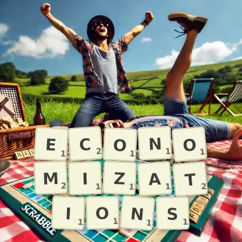 Creative illustration for a Scrabble game with the word ECONOMIZATIONS spelled out in tiles on the board.