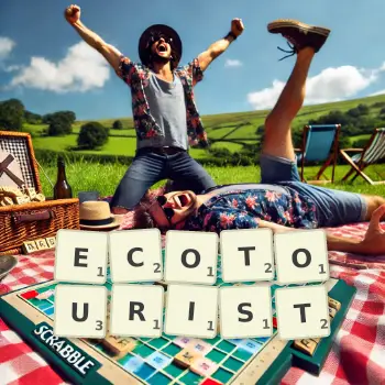 Creative illustration for a Scrabble game with the word ECOTOURIST spelled out in tiles on the board.