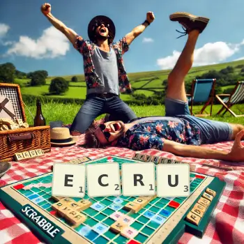 Creative illustration for a Scrabble game with the word ECRU spelled out in tiles on the board.