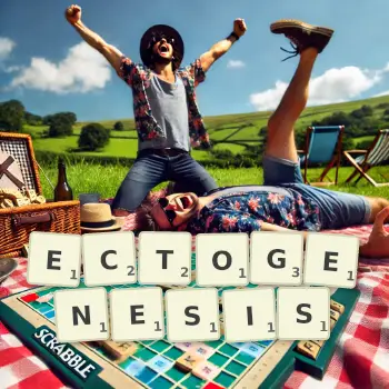 Creative illustration for a Scrabble game with the word ECTOGENESIS spelled out in tiles on the board.