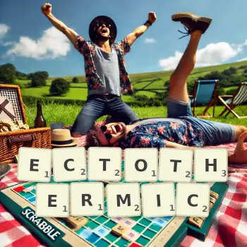 Creative illustration for a Scrabble game with the word ECTOTHERMIC spelled out in tiles on the board.