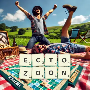 Creative illustration for a Scrabble game with the word ECTOZOON spelled out in tiles on the board.