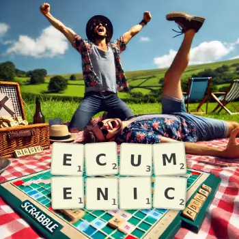 Creative illustration for a Scrabble game with the word ECUMENIC spelled out in tiles on the board.