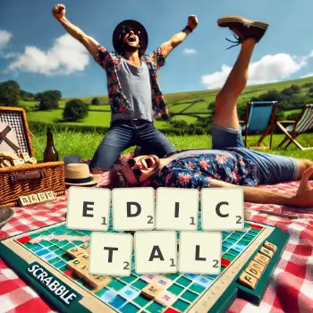Creative illustration for a Scrabble game with the word EDICTAL spelled out in tiles on the board.
