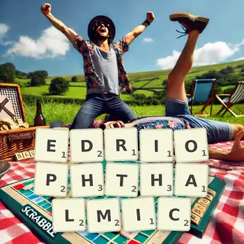 Creative illustration for a Scrabble game with the word EDRIOPHTHALMIC spelled out in tiles on the board.