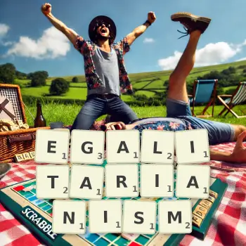 Creative illustration for a Scrabble game with the word EGALITARIANISM spelled out in tiles on the board.
