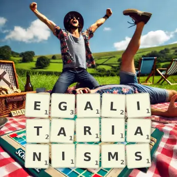 Creative illustration for a Scrabble game with the word EGALITARIANISMS spelled out in tiles on the board.