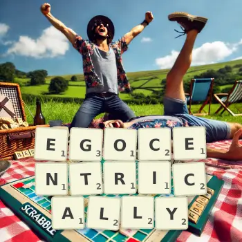 Creative illustration for a Scrabble game with the word EGOCENTRICALLY spelled out in tiles on the board.