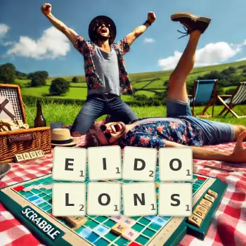 Creative illustration for a Scrabble game with the word EIDOLONS spelled out in tiles on the board.