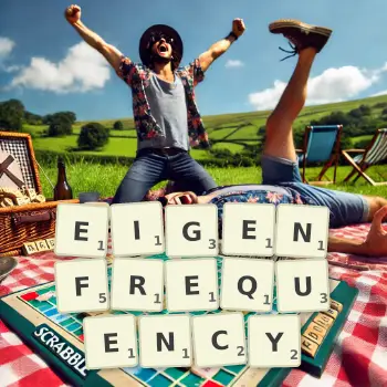 Creative illustration for a Scrabble game with the word EIGENFREQUENCY spelled out in tiles on the board.