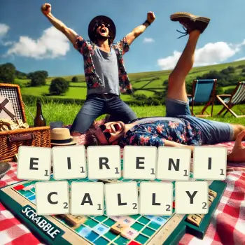 Creative illustration for a Scrabble game with the word EIRENICALLY spelled out in tiles on the board.