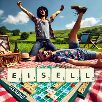 Creative illustration for a Scrabble game with the word EISELL spelled out in tiles on the board.