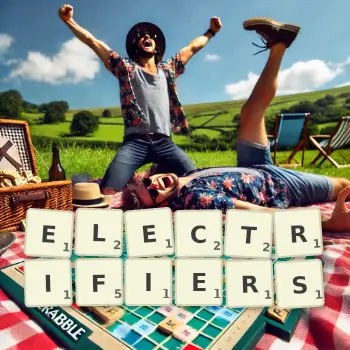 Creative illustration for a Scrabble game with the word ELECTRIFIERS spelled out in tiles on the board.