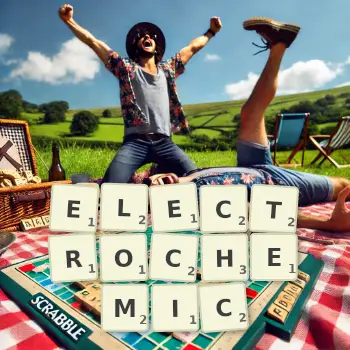 Creative illustration for a Scrabble game with the word ELECTROCHEMIC spelled out in tiles on the board.