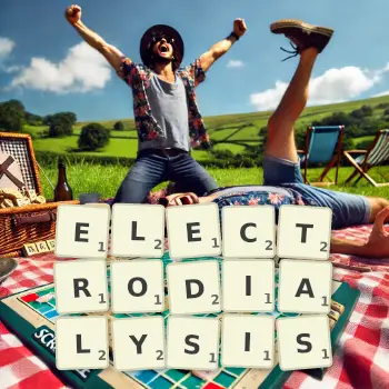 Creative illustration for a Scrabble game with the word ELECTRODIALYSIS spelled out in tiles on the board.