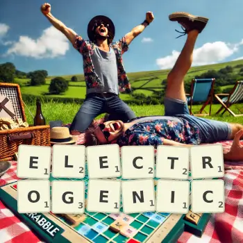 Creative illustration for a Scrabble game with the word ELECTROGENIC spelled out in tiles on the board.