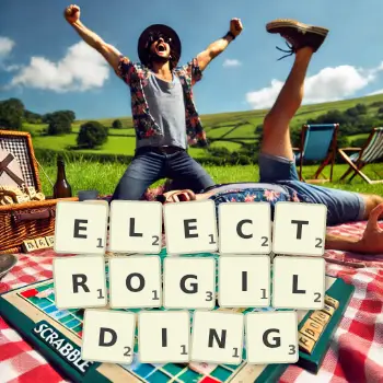 Creative illustration for a Scrabble game with the word ELECTROGILDING spelled out in tiles on the board.
