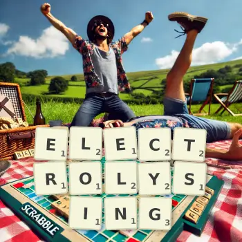Creative illustration for a Scrabble game with the word ELECTROLYSING spelled out in tiles on the board.