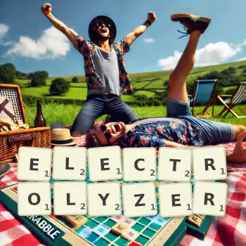 Creative illustration for a Scrabble game with the word ELECTROLYZER spelled out in tiles on the board.