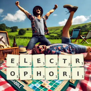 Creative illustration for a Scrabble game with the word ELECTROPHORI spelled out in tiles on the board.