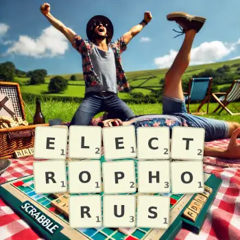 Creative illustration for a Scrabble game with the word ELECTROPHORUS spelled out in tiles on the board.